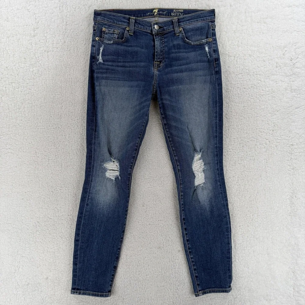 7 For All Mankind The Ankle Skinny Jeans Womens 30 Blue Distressed Stretch 30x27